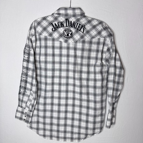 Wrangler Jack Daniels Shirt Mens M Gray Plaid Embroidered Bar Whiskey Pearl Snap - Picture 9 of 14